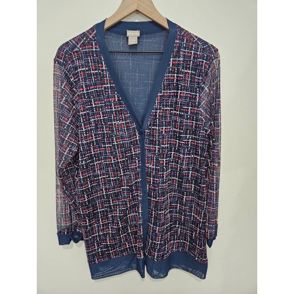 Chicos Blue Mesh Cardigan XL 3 Abstract Print Sheer Button Front V-Neck Top‎